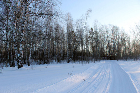 雪林中的冬季景观霜冻树木。 在一片奇妙的冬季森林里的路。 日落时美丽的冬季景观。