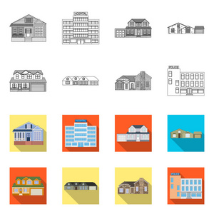 建筑物和前标志的孤立对象。建筑物和屋顶股票矢量图集