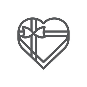 心形礼品盒线图标与可编辑笔画孤立矢量插图浪漫包装的礼物包装装饰丝带和蝴蝶结，以节日祝贺。