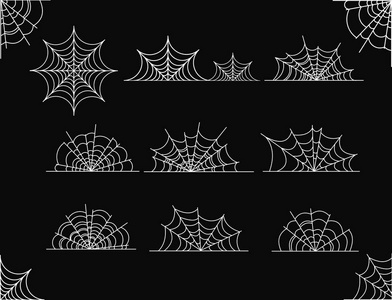 不同形状的蜘蛛网的向量例证集合在黑色背景照片