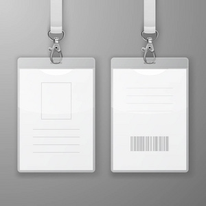 两个矢量现实空白办公室图形 id 卡与扣和兰纳德特写镜头隔离。正面和背面。模型识别卡的设计模板。在顶视图中模拟身份证