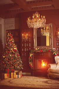 s luxurious interior with Christmas tree spruce, fire in the fir