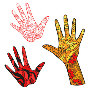 手与抽象的彩色图案上的隔离背景. 成人精神放松的设计. 禅宗艺术.