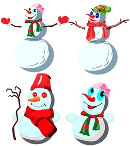 四组雪人在不同的头饰和不同的围巾矢量在一个白色的背景。