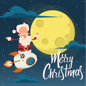 圣诞老人乘火箭向孩子们飞去。新年快乐。向量