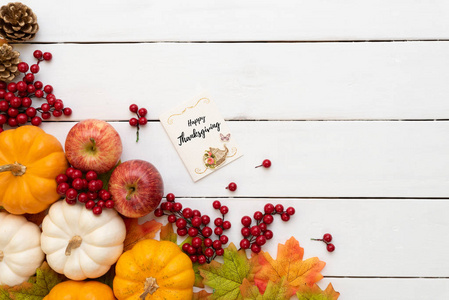 在白色的木制背景上，可以看到带有南瓜和红色浆果的秋枫叶。感恩节的概念。