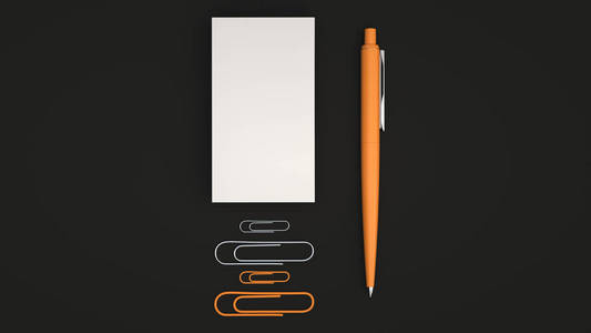 白色名片，回形针和橙色自动圆珠笔隔离在黑色背景上..空白纸模型。3D染插图..