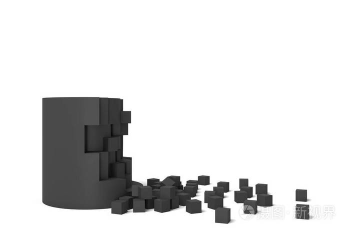 3d 渲染一个坚实的黑色圆筒形状的块被摧毁与完美形状的方形件躺在附近
