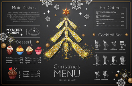 带有金色香槟杯的圣诞菜单设计。 餐厅菜单。 香槟杯金字塔