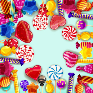 糖果背景集不同颜色的糖果, 糖果, 糖果, 糖果, 果冻豆。模板, 海报, 横幅, 矢量, 孤立, 卡通风格