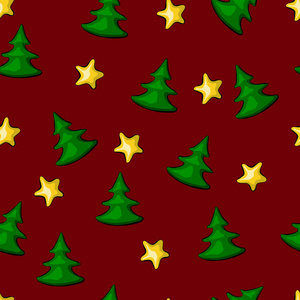 红色背景下黄色星星和绿色圣诞树的无缝图案