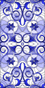 彩色玻璃风格的插图，抽象的漩涡花和叶子在光背景垂直方向伽马蓝