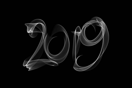 新年快乐2019独立数字文字用火火焰或烟雾写在黑色背景上