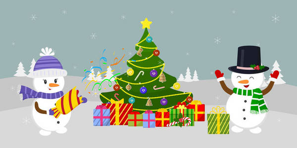 新年和圣诞卡。 两个可爱的雪人靠近圣诞树，冬天在雪花的背景下送礼物。 卡通风格矢量。