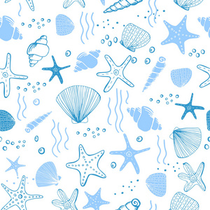 新鲜创意抽象海洋无缝图案。 海洋生物背景与珊瑚，海星壳和气泡。 纺织品及其他印刷品手绘矢量图