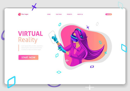 模板网站上下文登陆页面概念 vr 虚拟现实概念女孩增强眼镜。易于编辑和自定义