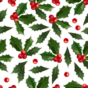 圣诞快乐和新年快乐无缝图案与冬青浆果隔离在白色背景。 圣诞节装饰的抽象背景。 矢量寒假花卉插图