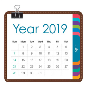 2019年7月每月日历矢量插图简单干净的设计。