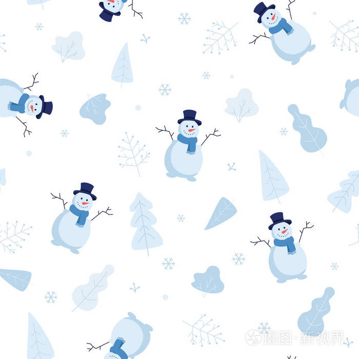 雪花公园元素树木灌木在寒冷的天气中孤立在白色的背景平面卡通设计中