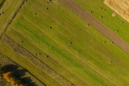 无人机的空中农业模式视图。 绿色草地和干草捆