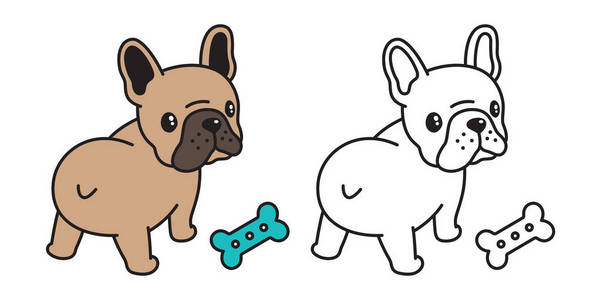 狗矢量法国斗牛犬标志图标骨食玩具卡通人物插图符号棕色