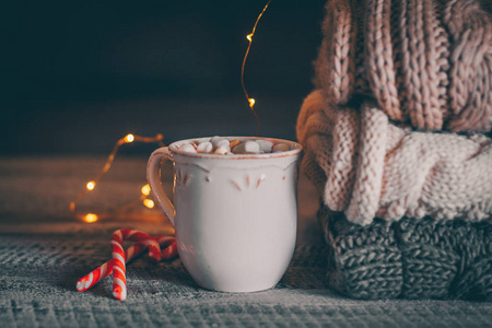 冬暖夏凉的甜饮热巧克力与棉花糖杯与圣诞节节日装饰