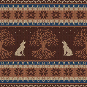 冬织羊毛与生命之树和狼嚎的无缝图案