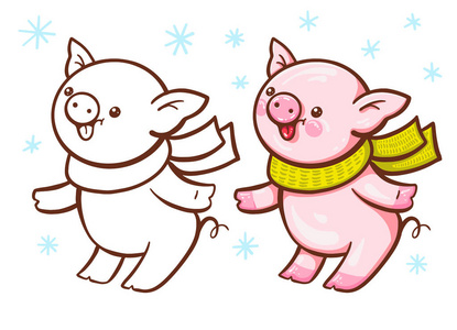 冬季插图与可爱的卡通猪。 油漆和单色版本。 向量