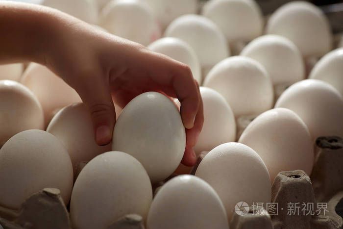 手里拿着新鲜的鸡蛋.鸡蛋托盘上的新鲜鸡蛋