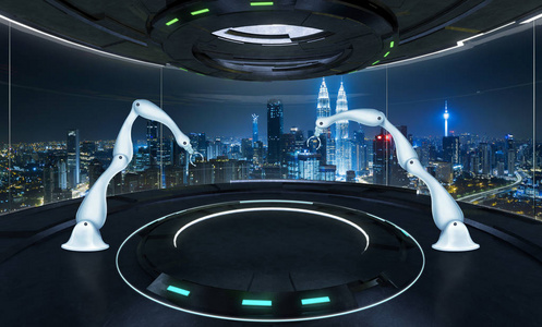 两个渲染装配机器人手臂在未来的实验室. 混合媒体.照片