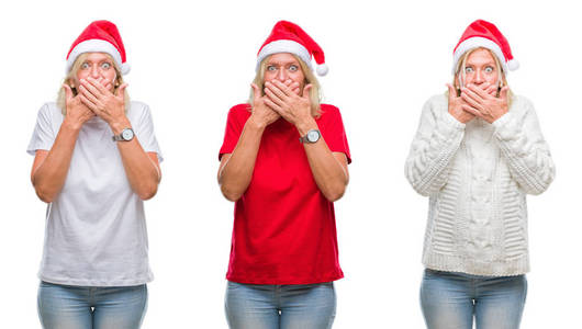 拼贴美丽的中年金发女人戴着圣诞帽，戴着白色的孤立的背罩，震惊地用手捂住嘴，因为错误。 秘密概念。