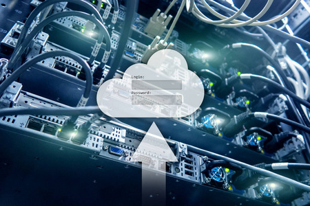 服务器机房背景下的云存储数据访问登录和密码请求窗口。 互联网和技术概念。