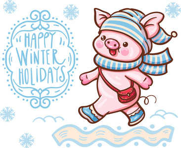 冬季插图与可爱的卡通猪围巾。 向量