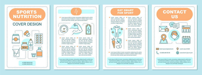 运动营养小册子模板布局。 BCAA蛋白维生素健康营养。 传单小册子传单印刷设计。 运动补充剂。 杂志报告海报的矢量页面布局