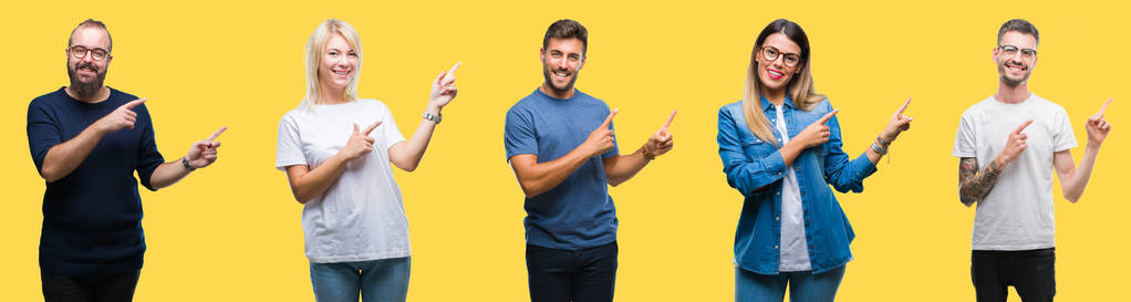 拼贴的人群，女人和男人在五颜六色的黄色孤立的背景上微笑，看着相机，用两只手和手指指向一边。