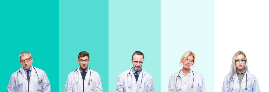 拼贴一群戴着听诊器的医生在五颜六色的孤立背景下沮丧和担心痛苦，哭泣，愤怒和害怕。 悲伤的表情。