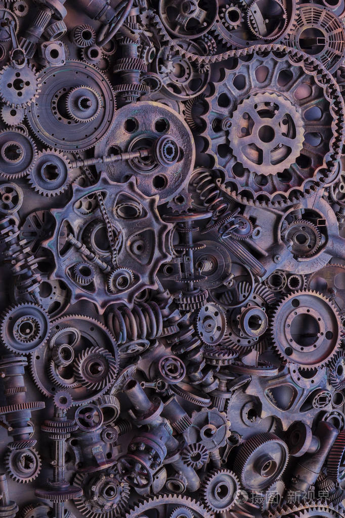 机械零件齿轮,蒸汽朋克齿轮,车轮,汽车零件堆,旧生锈的铁链,弹簧,车轮