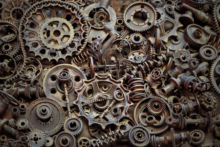 蒸汽朋克背景机从机器和拖拉机上零件大齿轮和链条.