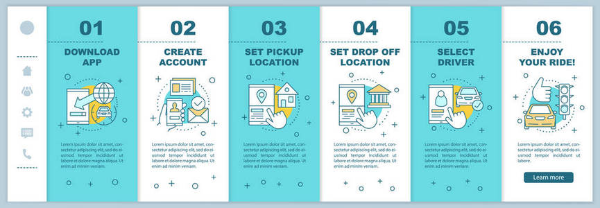 拼车上移动网页矢量模板。 共乘。 汽车租赁。 响应智能手机网站界面与线性插图。 出租车点餐。 网页演练步骤屏幕