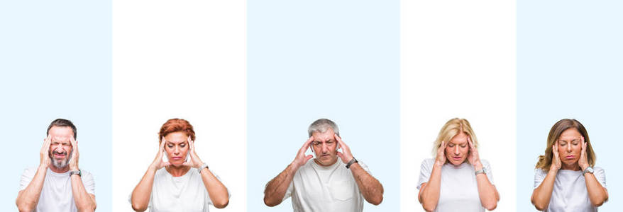 中年组和老年人穿白色T恤在孤立的背景上拼贴，因压力而头痛。 偏头痛。