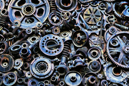 机械零件齿轮,蒸汽朋克齿轮,车轮,汽车零件堆,旧生锈的铁链,弹簧,车轮