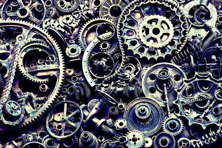 机械零件齿轮,蒸汽朋克齿轮,车轮,汽车零件堆,旧生锈的铁链,弹簧,车轮