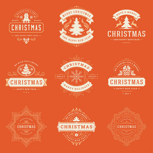 圣诞标签和徽章矢量设计元素集。 圣诞快乐，新年快乐，祝贺卡复古排版装饰物。