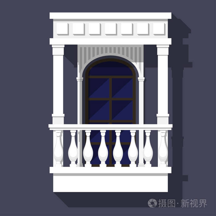 插画 经典风格的阳台, 配有栏杆,山墙和柱子.拱形窗户.