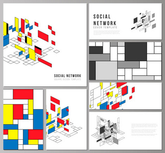 现代社交网络模型的简约抽象矢量布局以流行的形式。抽象多边形背景, 五颜六色的马赛克图案, 复古的布豪斯德斯蒂德尔设计