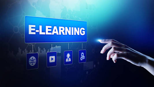 学习在线教育互联网学习。 虚拟屏幕上的业务技术和个人发展理念。