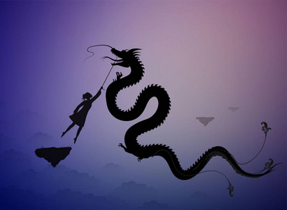 女孩抓住仙龙, 并举行它的线程, 场景从童话在梦乡照片