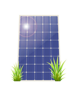 白色背景上有绿草的太阳能电池板。 矢量插图可再生能源。 生态能源。