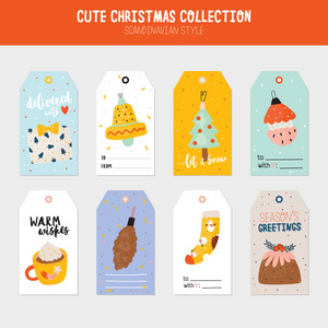 收集圣诞礼品标签和标签模板。 新年快乐，愉快的刻字。 可爱的冬季插图与可爱和性格传统元素的斯堪的纳维亚风格。 向量