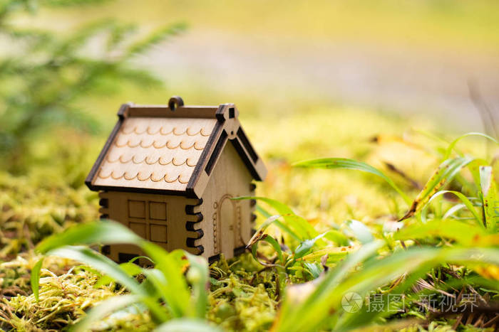 森林里的木结构房屋模型。概念